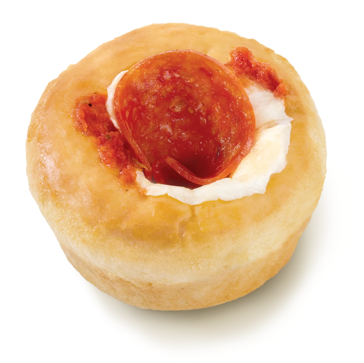 Cheese-filled doughnut with pepperoni slice.